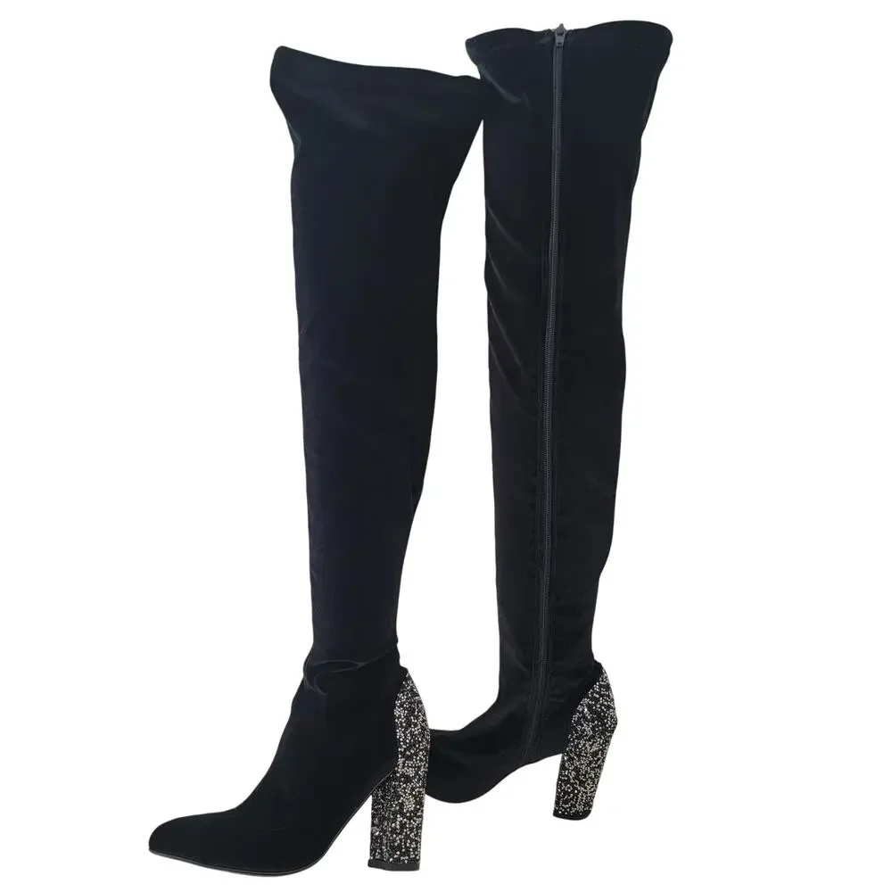Over the Knee Boot Zip Glittery Block Heel Velvet‎ Sz 7 Whimsygoth Party Concert